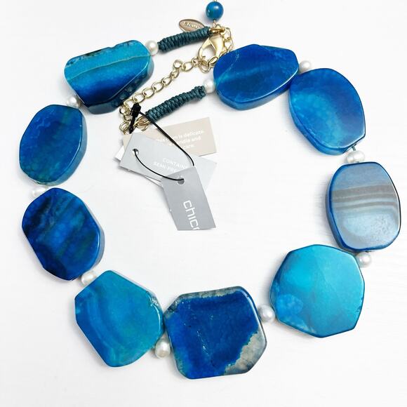 NEW Chico's Blue Navy Shell Agate Bib Statement Necklace - Picture 1 of 9